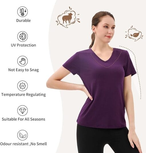 Merino Protect 100% Merino Wool V Neck T-Shirt for Women Short Sleeve Base Layers Odor Resistance Dark Purple