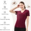 Merino Protect 100% Merino Wool V Neck T-Shirt for Women Short Sleeve Base Layers Odor Resistance Dark red