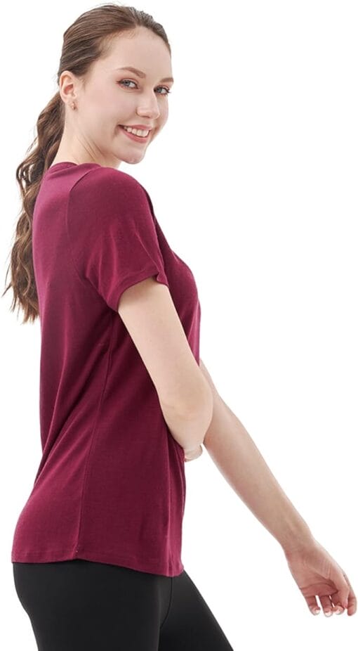 Merino Protect 100% Merino Wool V Neck T-Shirt for Women Short Sleeve Dark Red