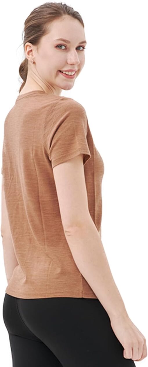 Merino Protect 100% Merino Wool V Neck T-Shirt for Women Short Sleeve caramel