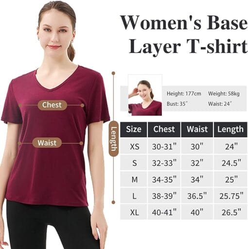 Size Guide Merino Wool V Neck T Shirt women Dark Red